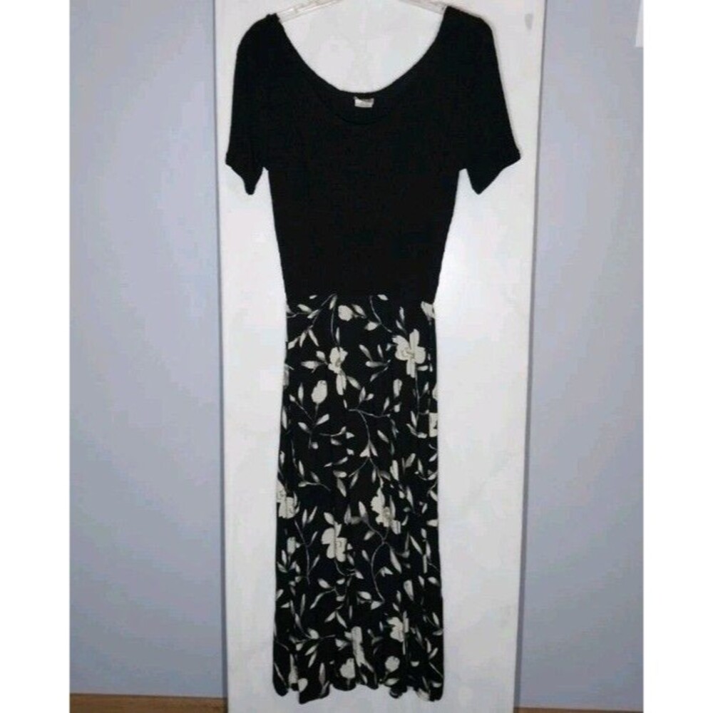 Vintage 90s Made in USA Black Floral Maxi Dress Stretch M